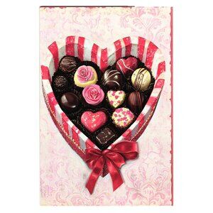 Valentine Heart Box Chocolates Art Postcard Pink Striped Romantic Blank Gift